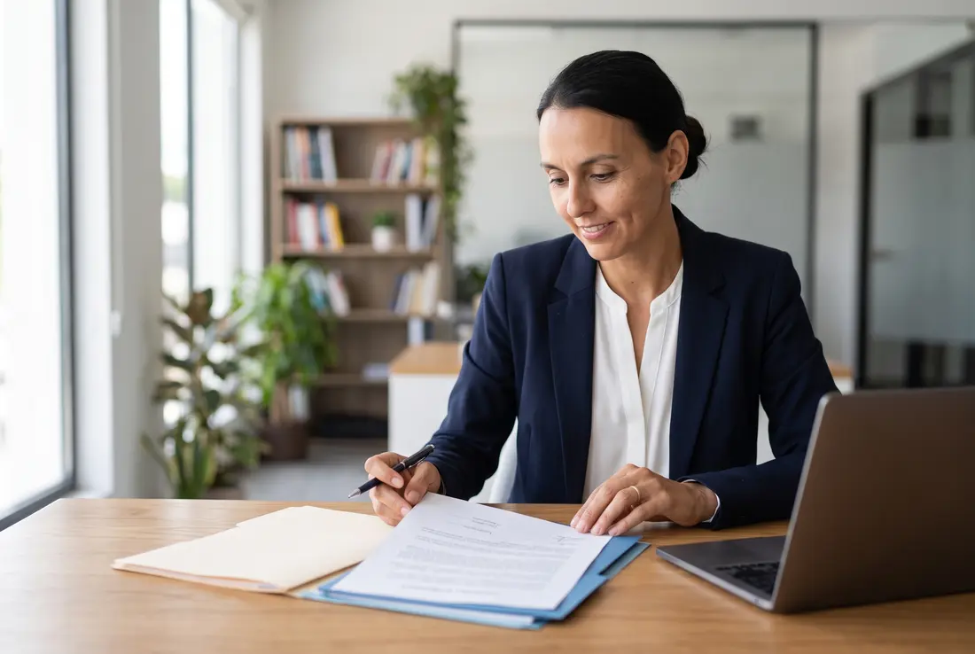 Advisor reviewing contract documents in her office